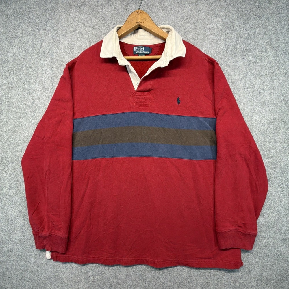 Vintage Polo Ralph Lauren Mens XL Rugby Shirt Long Sleeve Red Blue Striped